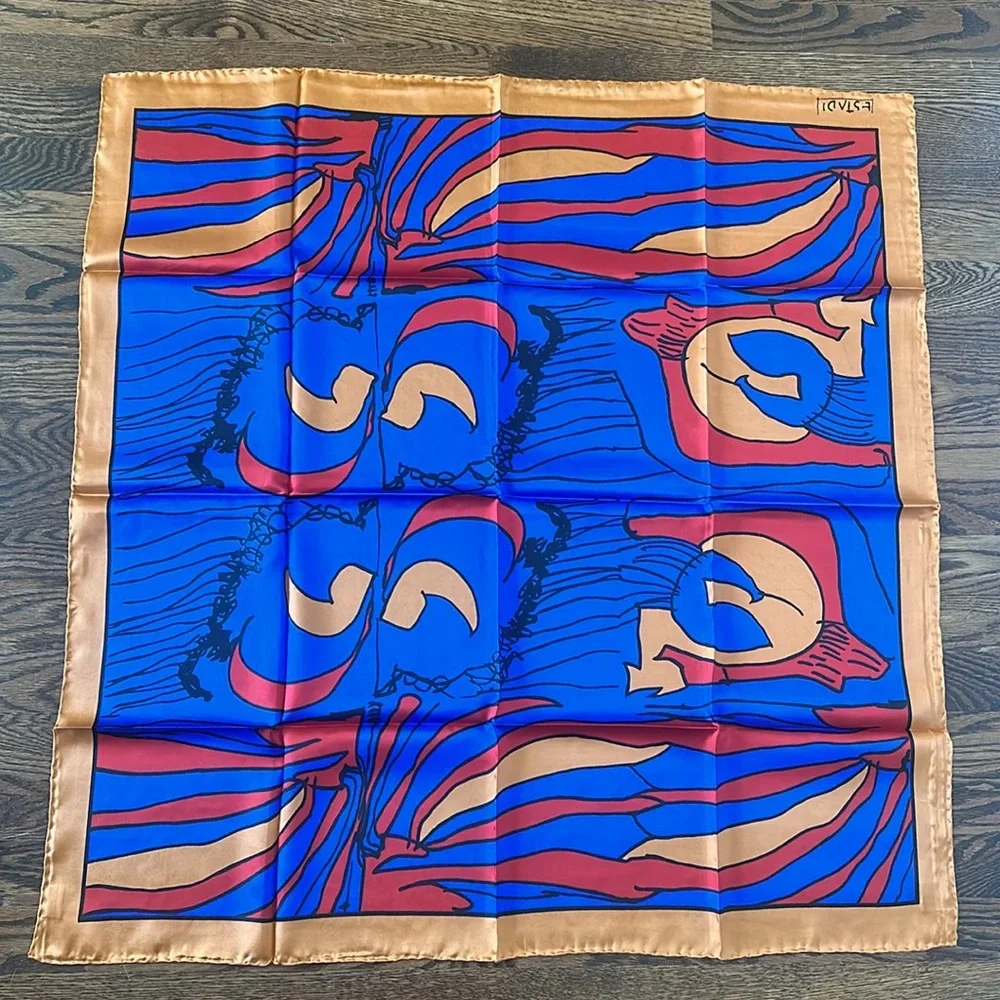 Estadi 100% Silk Twill Orange Red Blue Abstract Print Scarf Hand Rolled Hem NEW